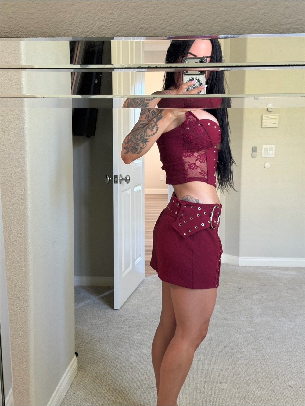 Women’s Burgundy Mini Dress Set with Grommet Belt Detail - Picture 2 of 4